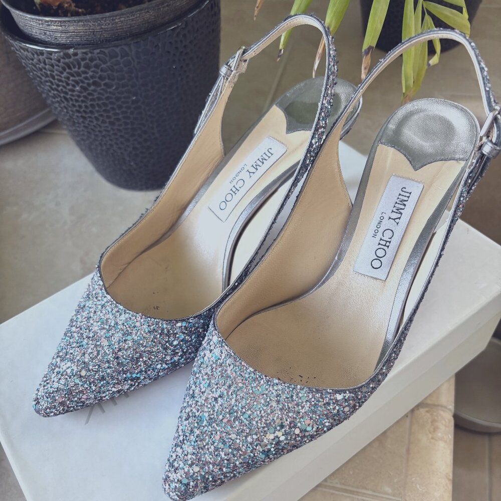 JIMMY CHOO iconic ROMY 60 glitter kitten heels 38 8 slingback EX COND silver